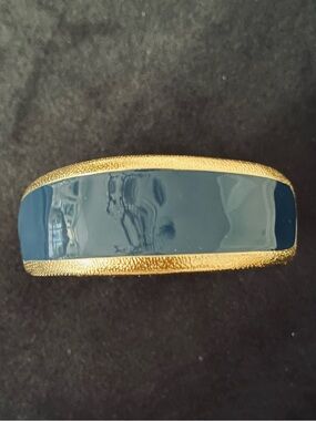 #245 Anne Klein Goldtone Hinged Cuff Blue Enamel Front Signed Bracelet